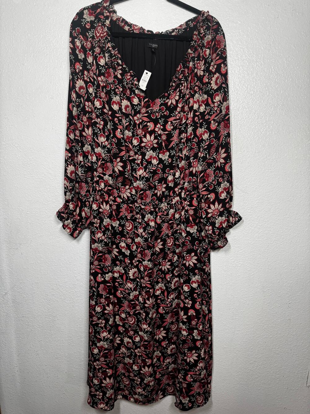 Talbots Midi Dress Red Black V-Neck Floral Ruffled Pullover Long Sleeve Sz 3X